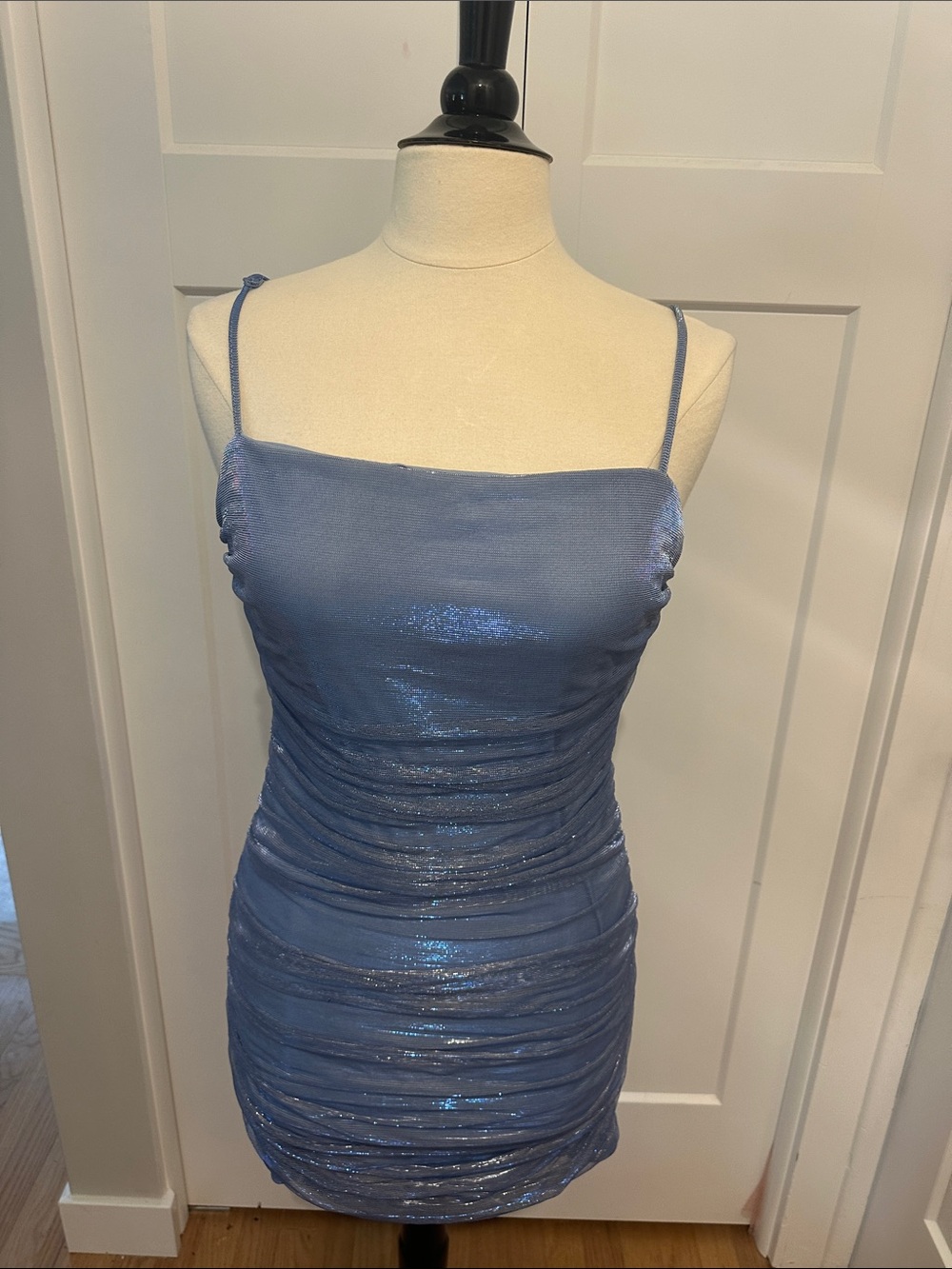 B Darlin Shimmery Periwinkle Ruched Spaghetti-Strap Mini Dress